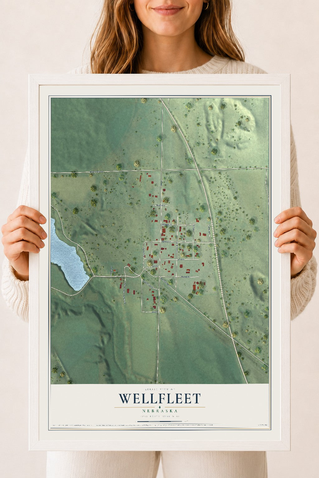 Map of Wellfleet, Nebraska, 18 x 24 inch print in a white wood frame