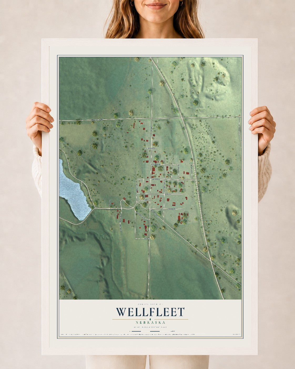 Map of Wellfleet, Nebraska, 24 x 36 inch print in a white wood frame