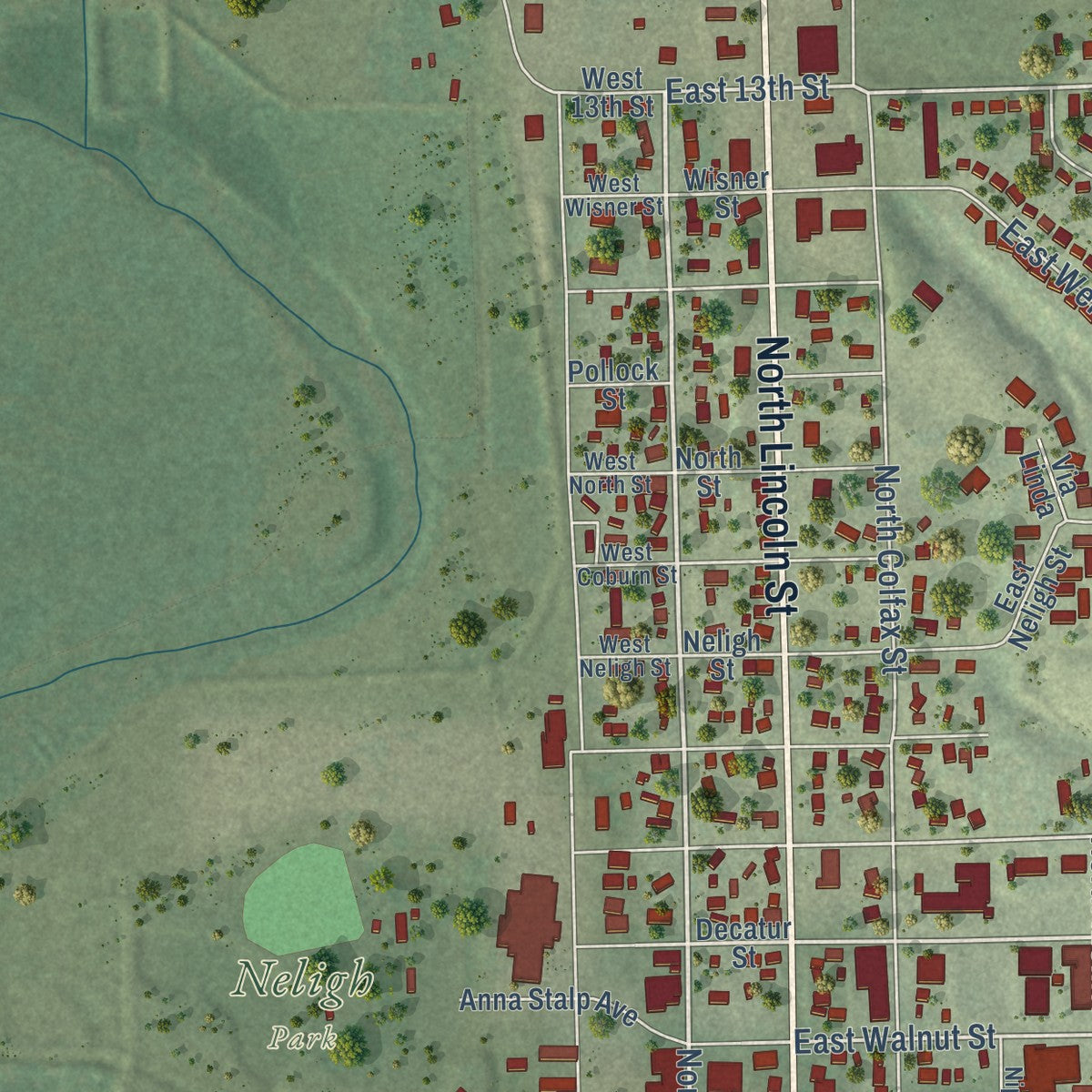 Second close-up of the map of West Point, Nebraska print showing more streets and buildings