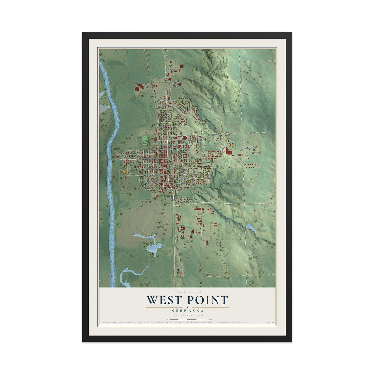 Map of West Point, Nebraska, 12 x 18 inch print in a black wood frame