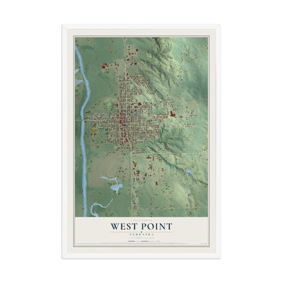 Map of West Point, Nebraska, 12 x 18 inch print in a white wood frame