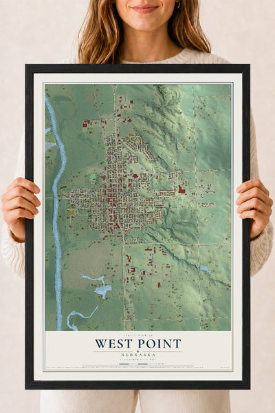 Map of West Point, Nebraska, 18 x 24 inch print in a black wood frame