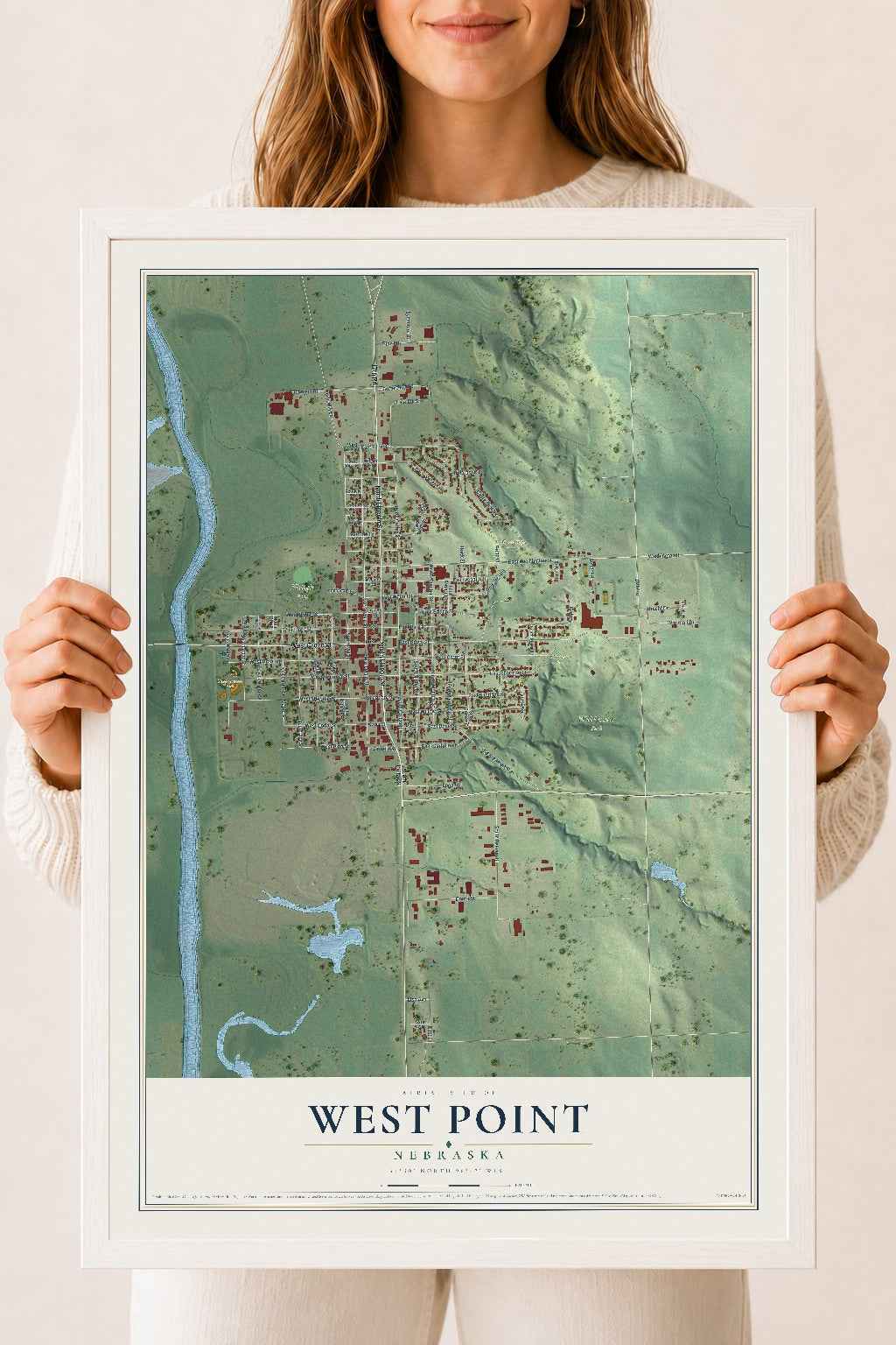 Map of West Point, Nebraska, 18 x 24 inch print in a white wood frame