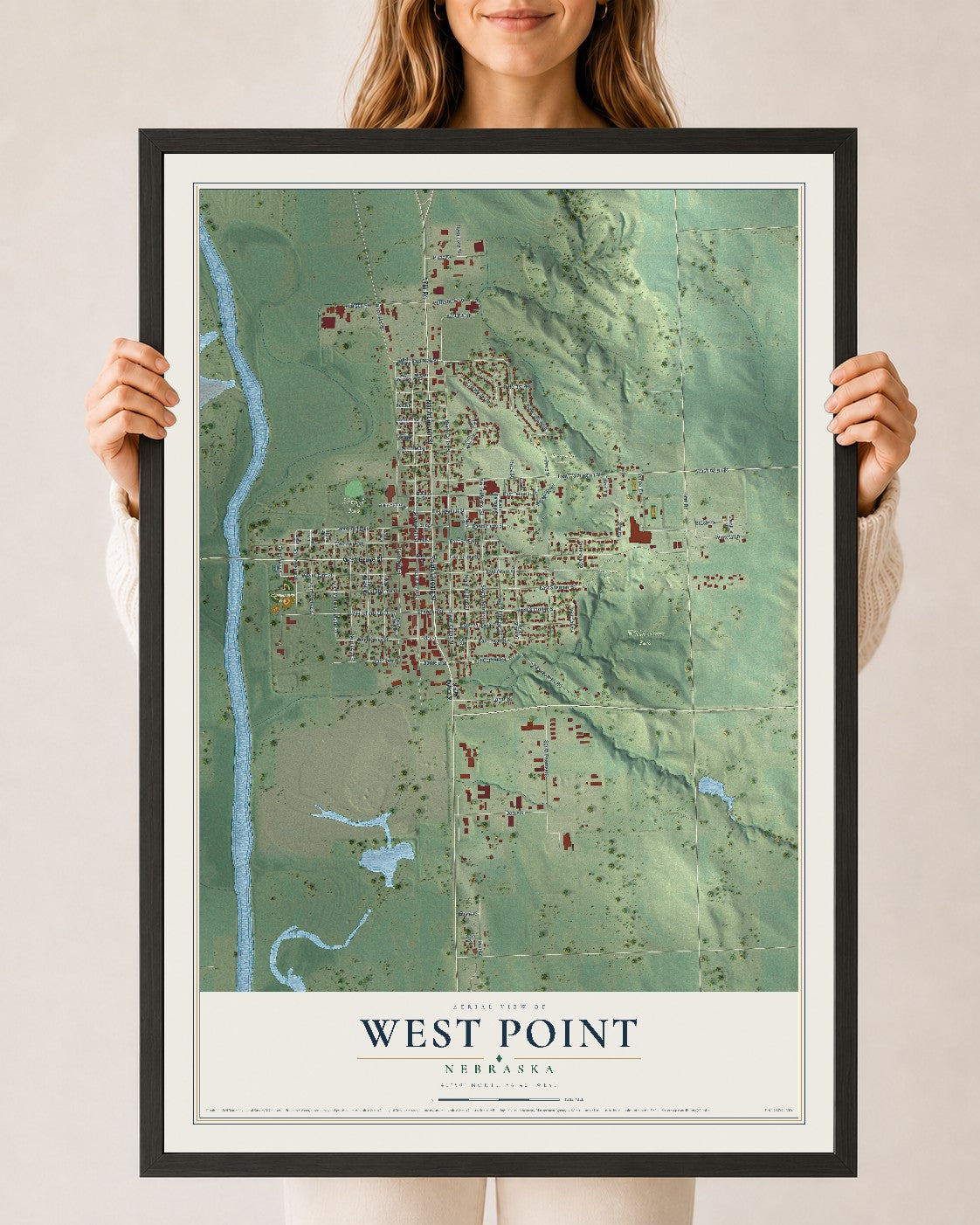 Map of West Point, Nebraska, 24 x 36 inch print in a black wood frame