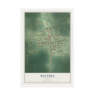 Map of Western, Nebraska, 12 x 18 inch print in a white wood frame