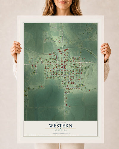 Map of Western, Nebraska, 24 x 36 inch print in a white wood frame