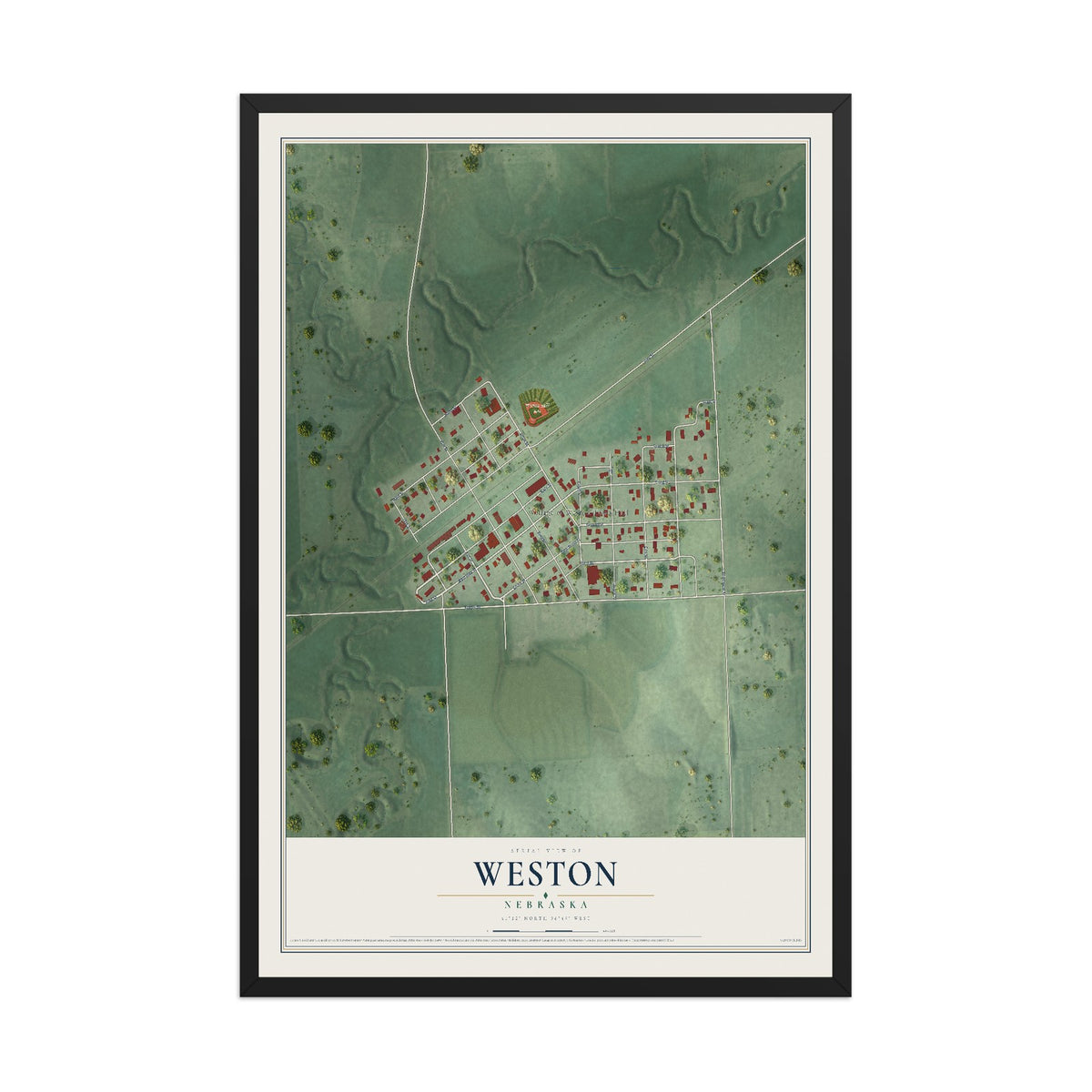 Map of Weston, Nebraska, 12 x 18 inch print in a black wood frame