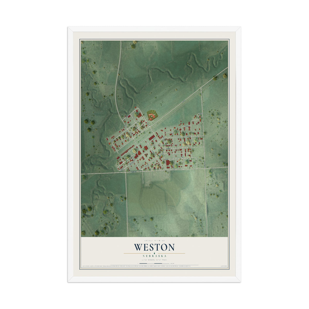 Map of Weston, Nebraska, 12 x 18 inch print in a white wood frame