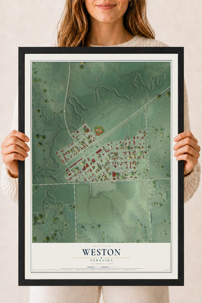 Map of Weston, Nebraska, 18 x 24 inch print in a black wood frame