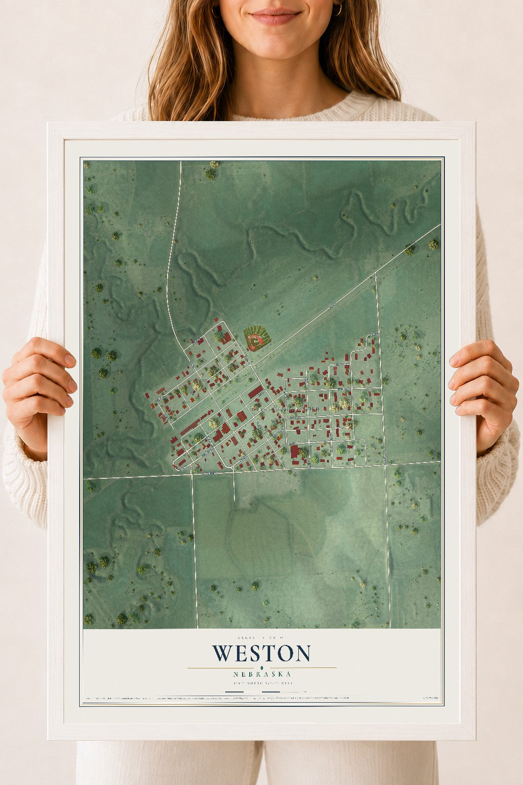 Map of Weston, Nebraska, 18 x 24 inch print in a white wood frame