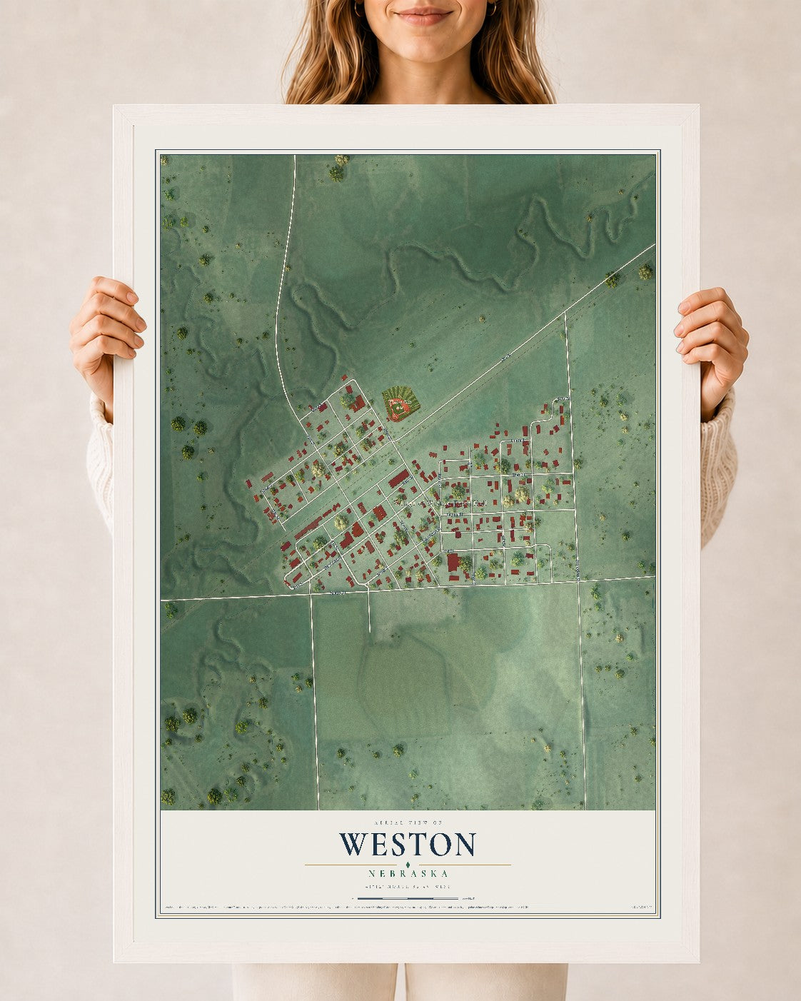 Map of Weston, Nebraska, 24 x 36 inch print in a white wood frame