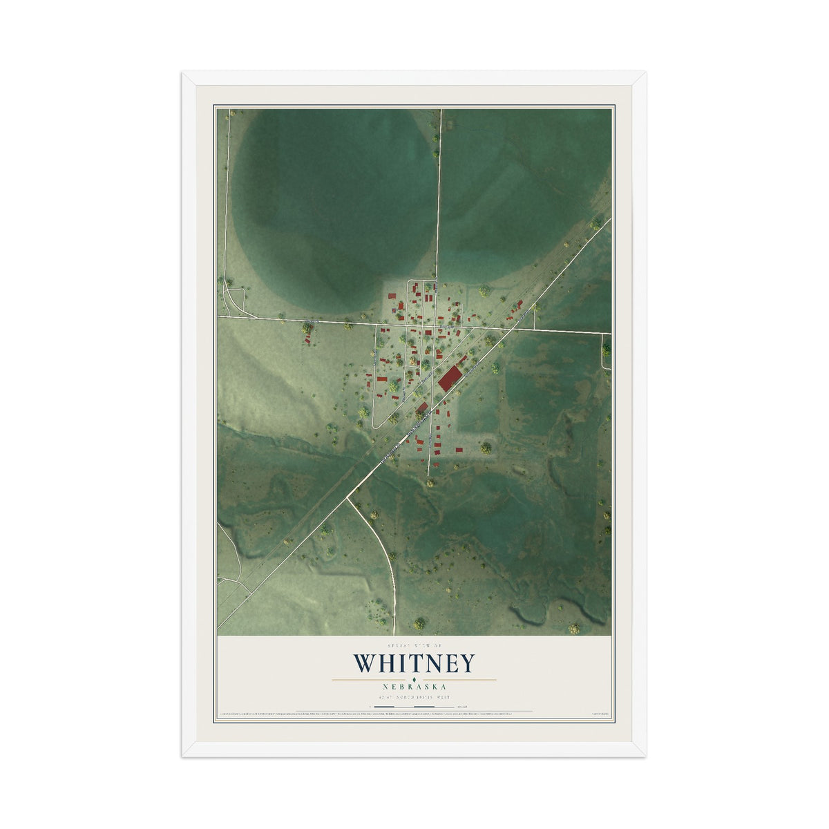 Map of Whitney, Nebraska, 12 x 18 inch print in a white wood frame
