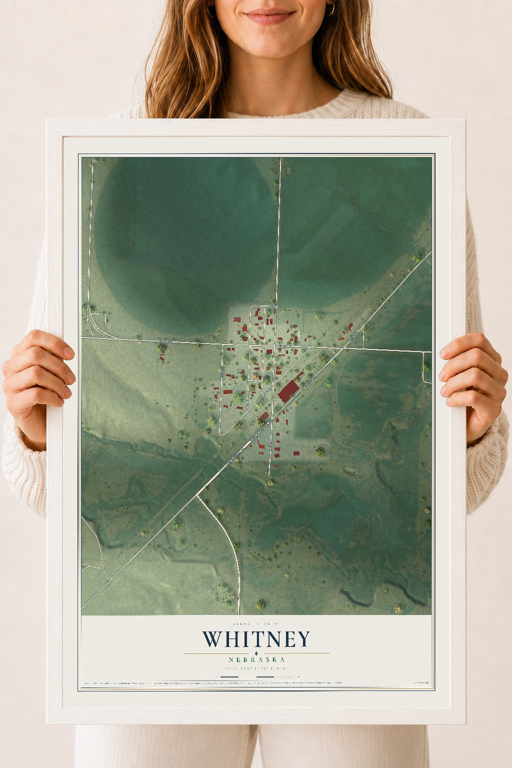 Map of Whitney, Nebraska, 18 x 24 inch print in a white wood frame