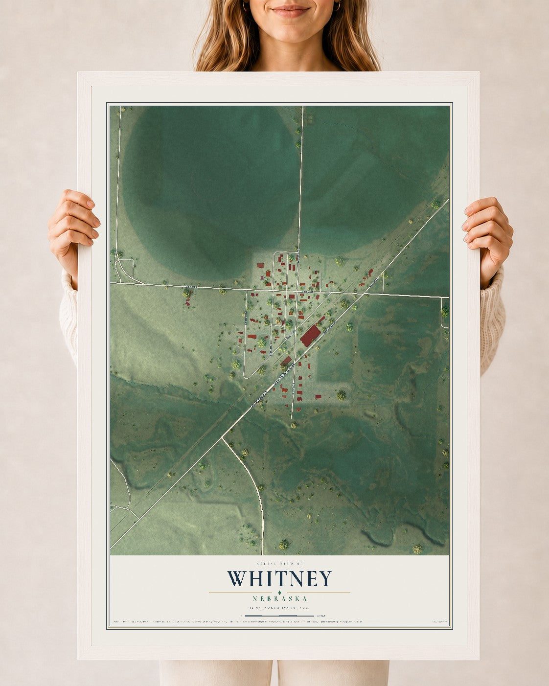Map of Whitney, Nebraska, 24 x 36 inch print in a white wood frame
