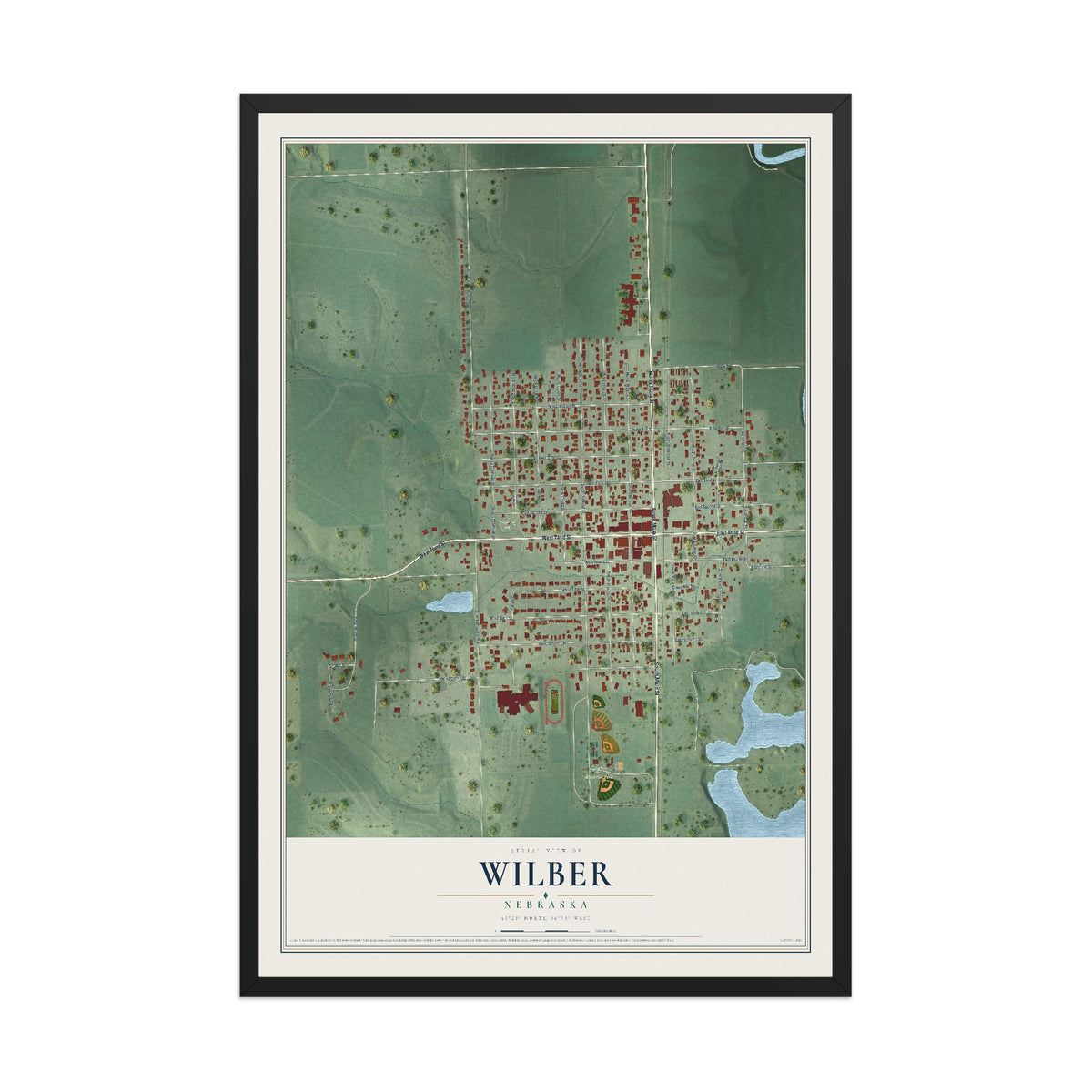 Map of Wilber, Nebraska, 12 x 18 inch print in a black wood frame