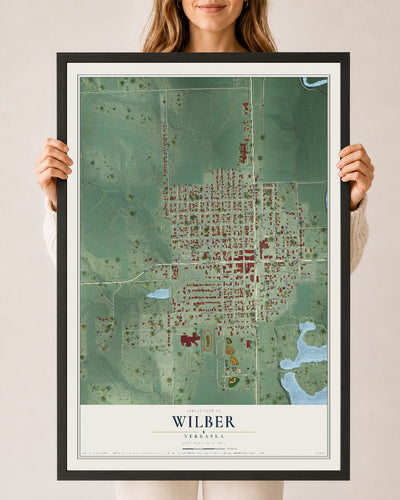 Map of Wilber, Nebraska, 24 x 36 inch print in a black wood frame