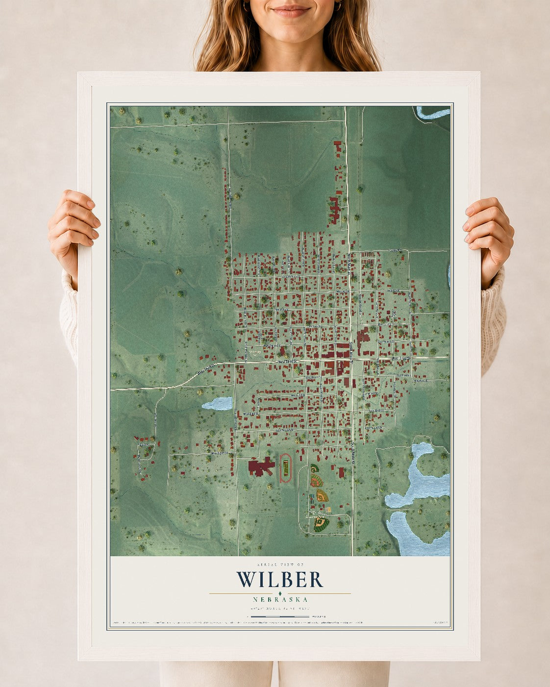 Map of Wilber, Nebraska, 24 x 36 inch print in a white wood frame