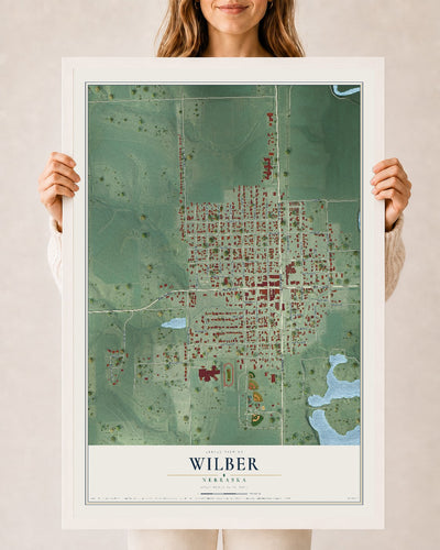 Map of Wilber, Nebraska, 24 x 36 inch print in a white wood frame