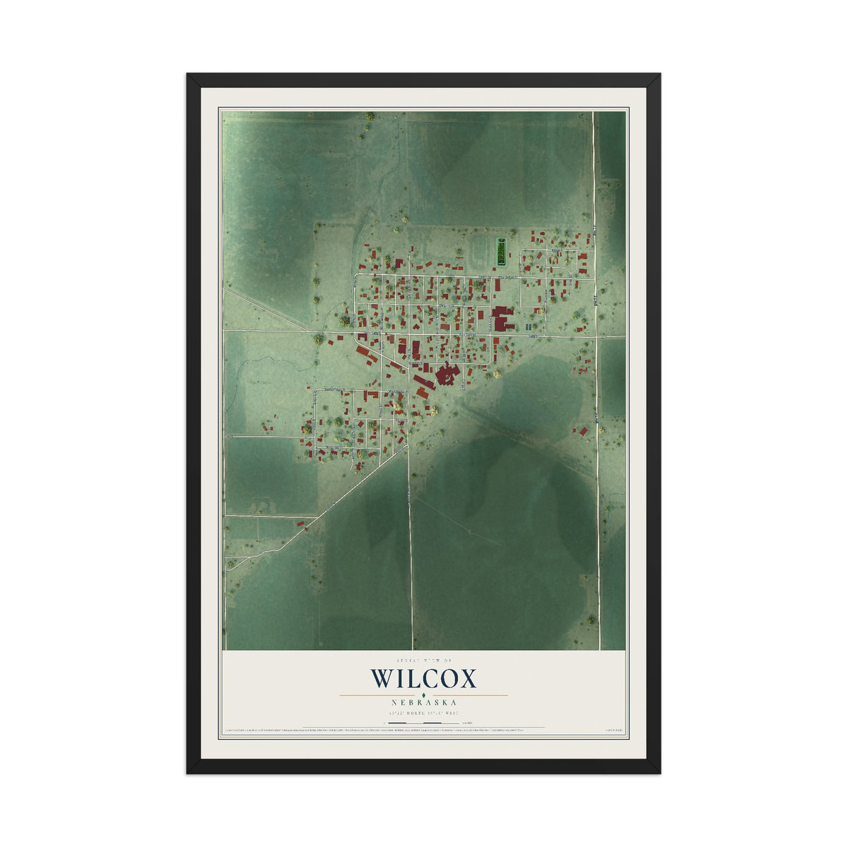 Map of Wilcox, Nebraska, 12 x 18 inch print in a black wood frame