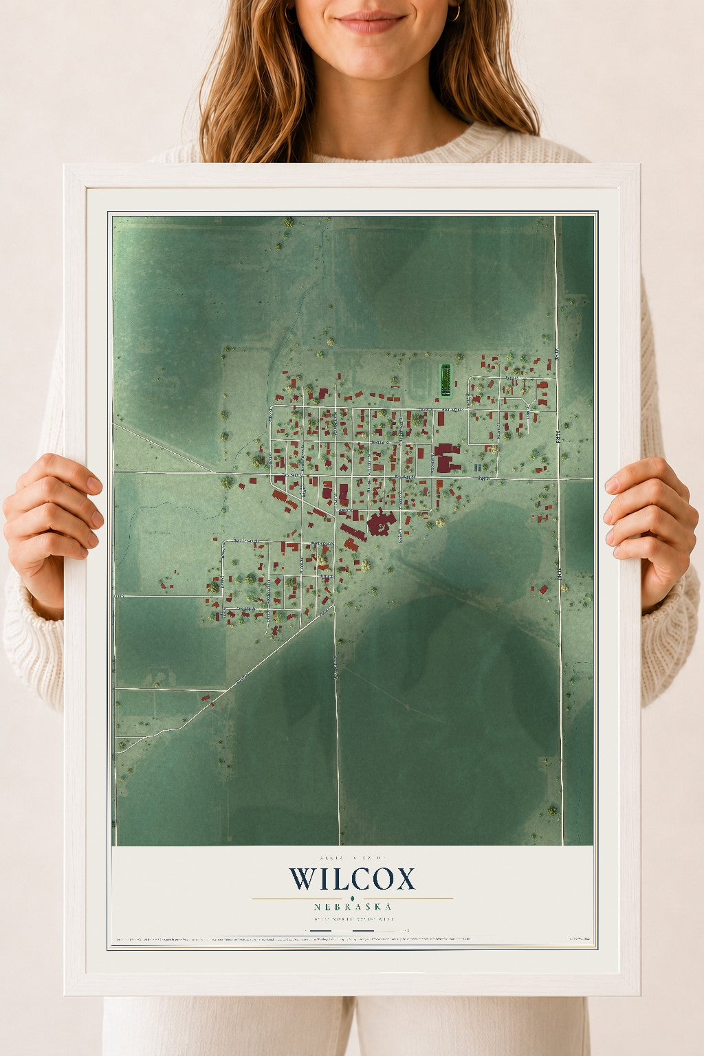 Map of Wilcox, Nebraska, 18 x 24 inch print in a white wood frame