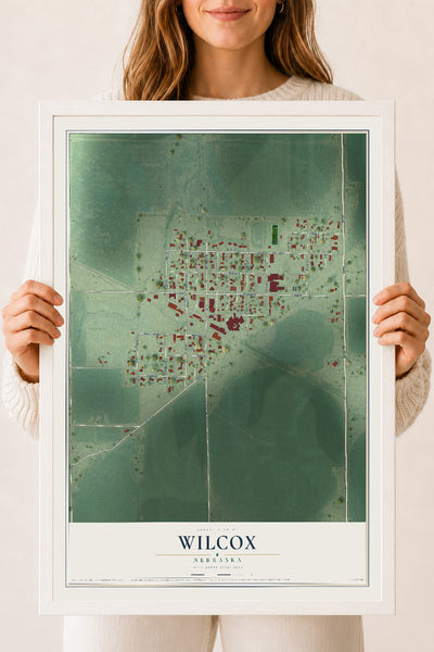 Map of Wilcox, Nebraska, 18 x 24 inch print in a white wood frame