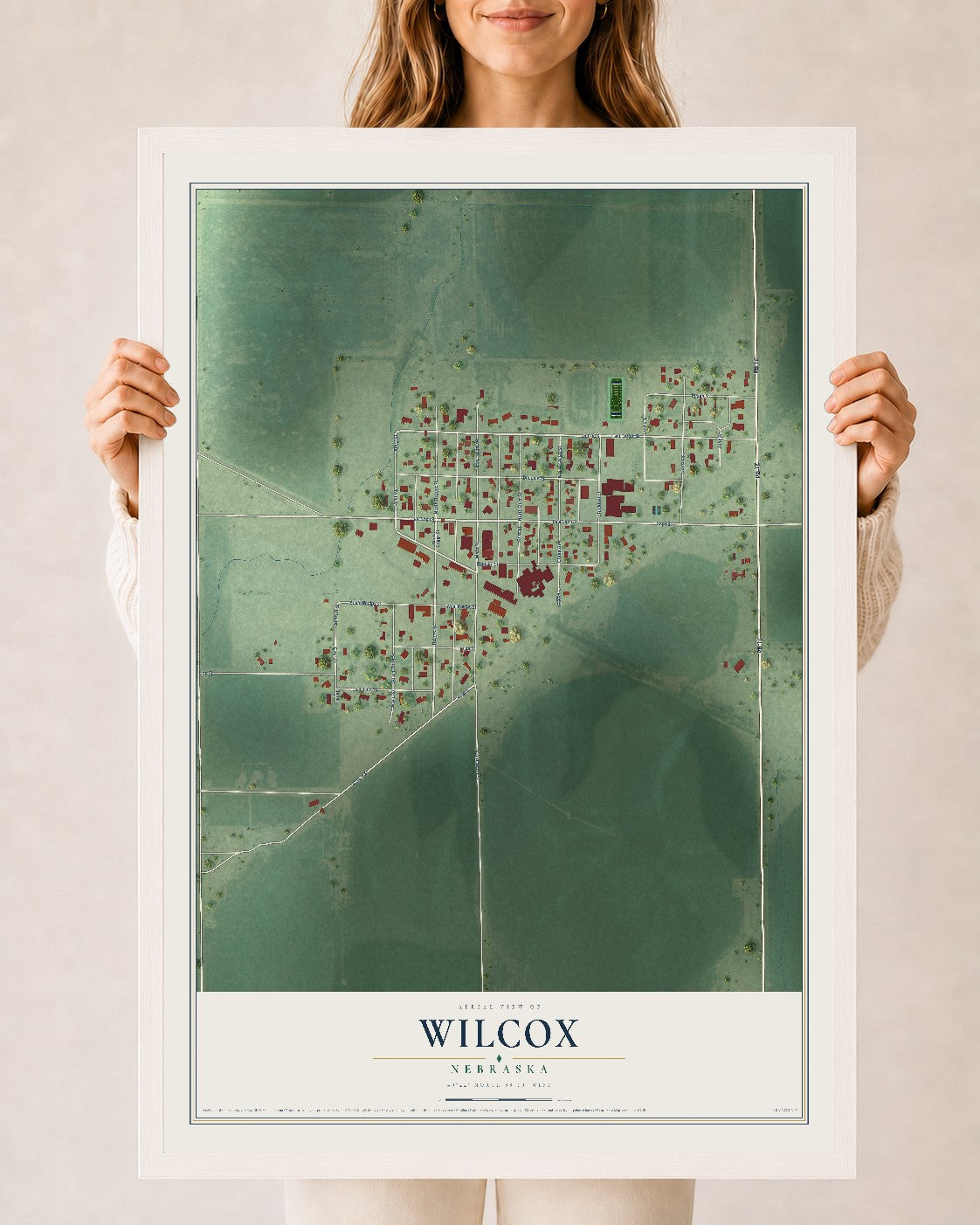 Map of Wilcox, Nebraska, 24 x 36 inch print in a white wood frame