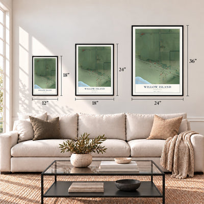 Willow Island, Nebraska map in 12 x 18, 18 x 24 and 24 x 36 inch sizes above a sofa