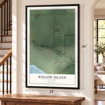Willow Island, Nebraska map, 24 x 36 inch print in a black frame by a staircase