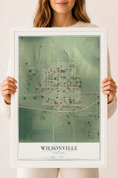 Map of Wilsonville, Nebraska, 18 x 24 inch print in a white wood frame