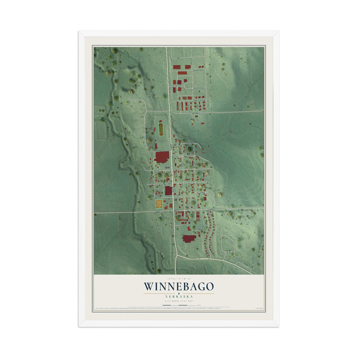 Map of Winnebago, Nebraska, 12 x 18 inch print in a white wood frame