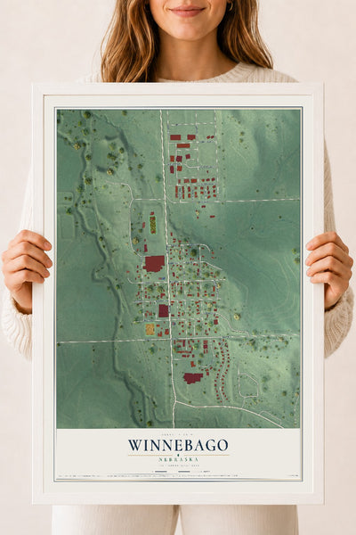 Map of Winnebago, Nebraska, 18 x 24 inch print in a white wood frame