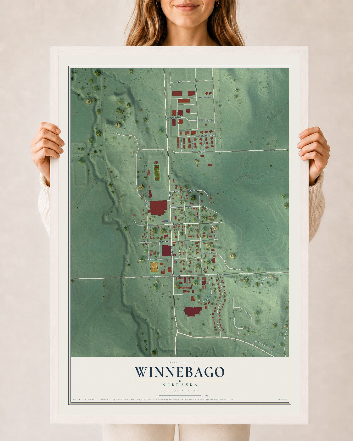 Map of Winnebago, Nebraska, 24 x 36 inch print in a white wood frame