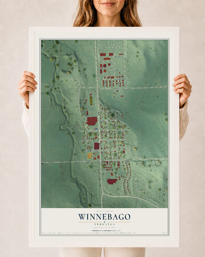 Map of Winnebago, Nebraska, 24 x 36 inch print in a white wood frame