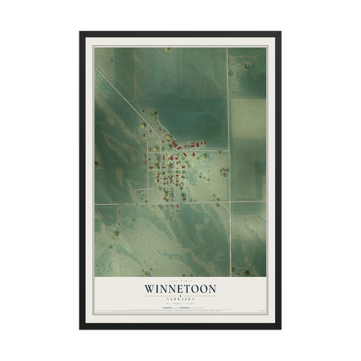 Map of Winnetoon, Nebraska, 12 x 18 inch print in a black wood frame