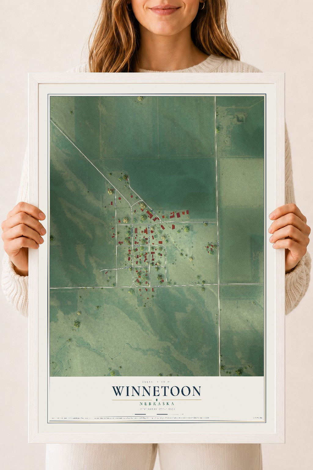 Map of Winnetoon, Nebraska, 18 x 24 inch print in a white wood frame