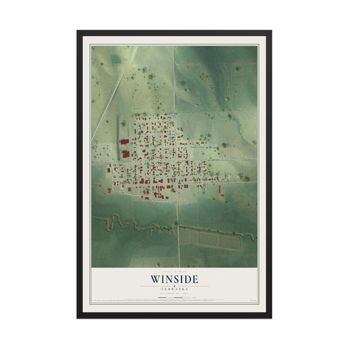 Map of Winside, Nebraska, 12 x 18 inch print in a black wood frame