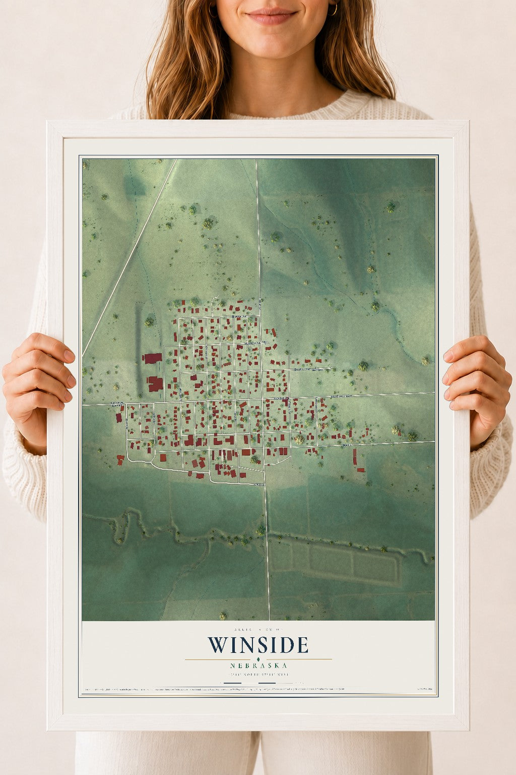Map of Winside, Nebraska, 18 x 24 inch print in a white wood frame