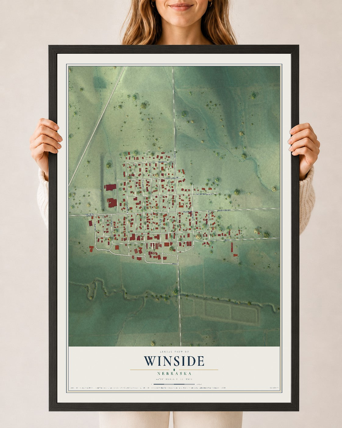 Map of Winside, Nebraska, 24 x 36 inch print in a black wood frame