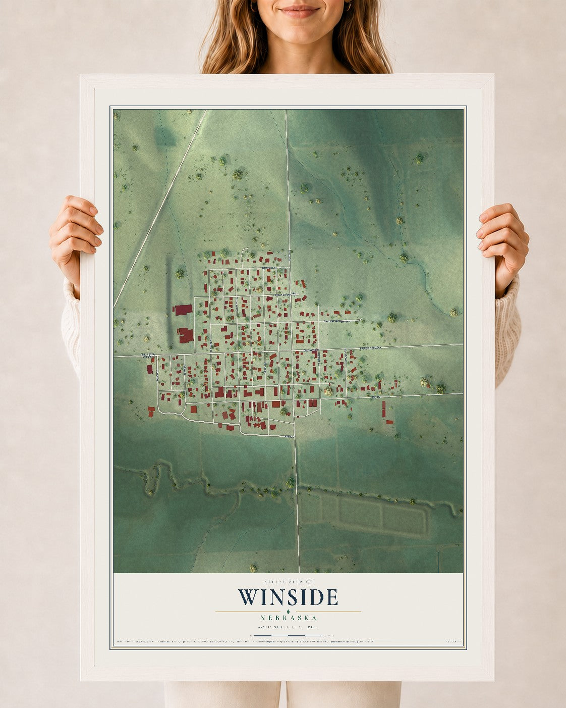 Map of Winside, Nebraska, 24 x 36 inch print in a white wood frame