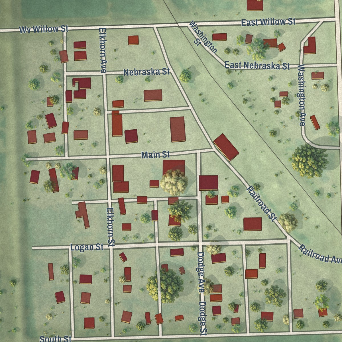 Close-up of the map of Winslow, Nebraska print showing street and building detail