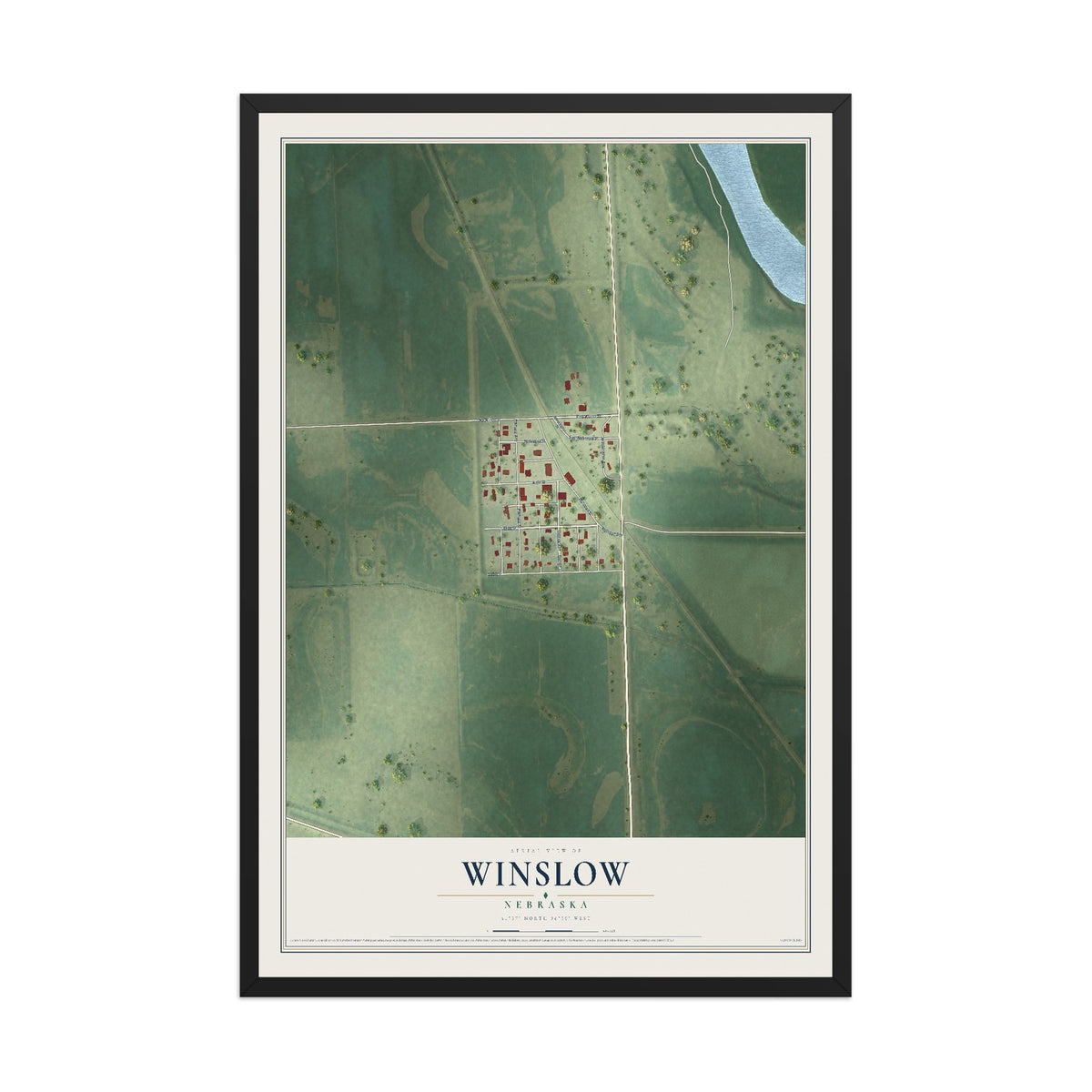 Map of Winslow, Nebraska, 12 x 18 inch print in a black wood frame