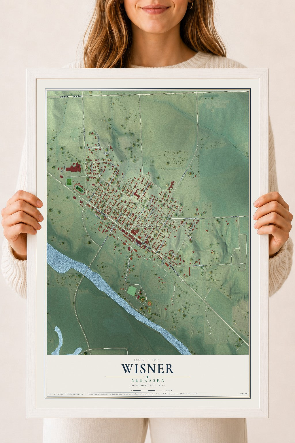 Map of Wisner, Nebraska, 18 x 24 inch print in a white wood frame