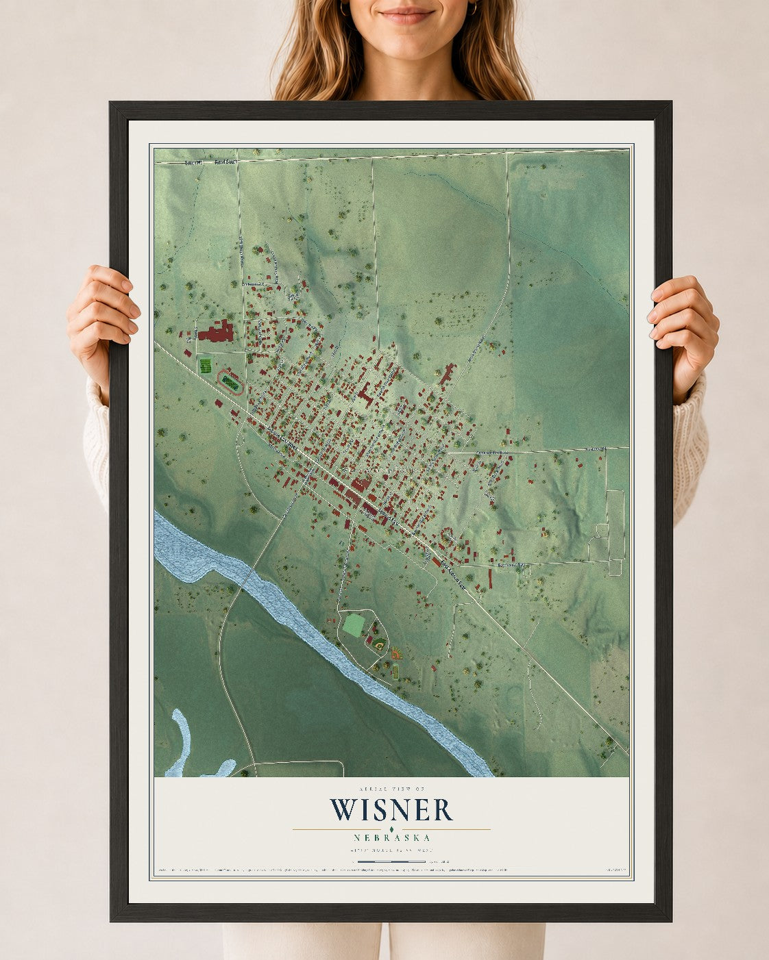 Map of Wisner, Nebraska, 24 x 36 inch print in a black wood frame