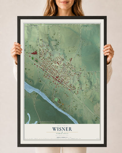 Map of Wisner, Nebraska, 24 x 36 inch print in a black wood frame