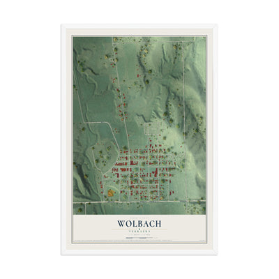 Map of Wolbach, Nebraska, 12 x 18 inch print in a white wood frame