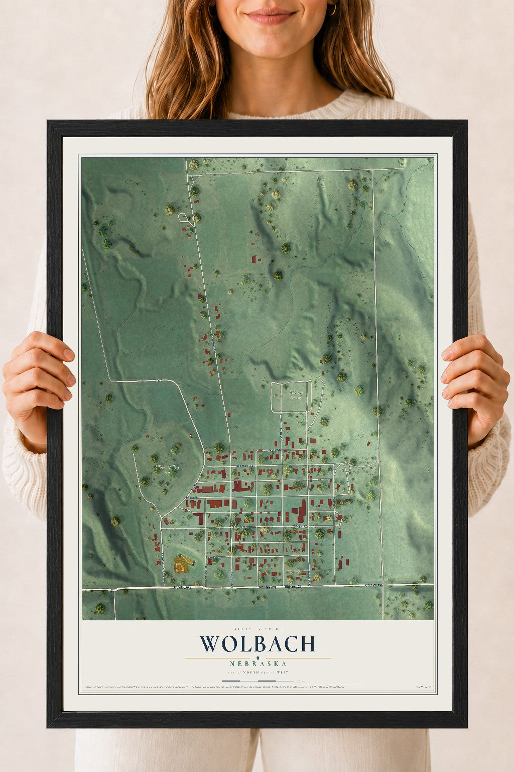 Map of Wolbach, Nebraska, 18 x 24 inch print in a black wood frame