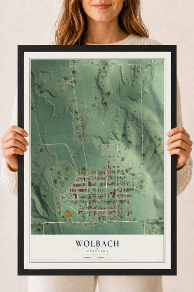 Map of Wolbach, Nebraska, 18 x 24 inch print in a black wood frame