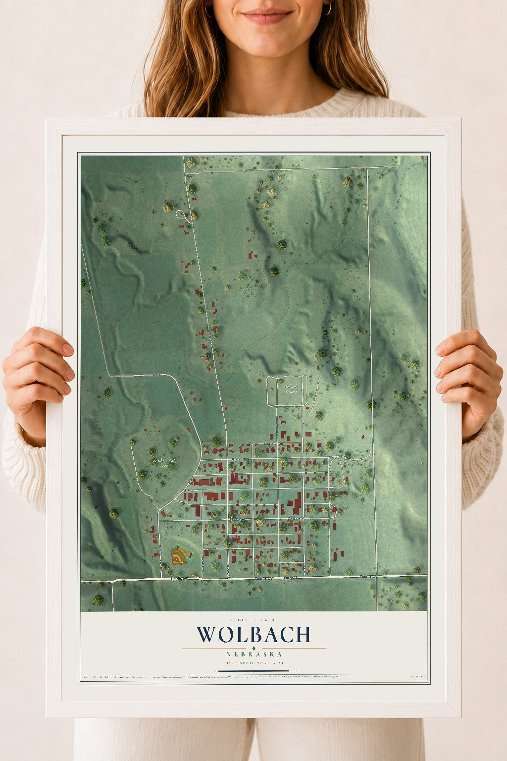 Map of Wolbach, Nebraska, 18 x 24 inch print in a white wood frame