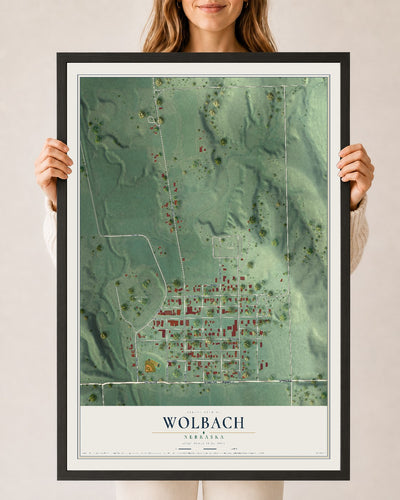 Map of Wolbach, Nebraska, 24 x 36 inch print in a black wood frame