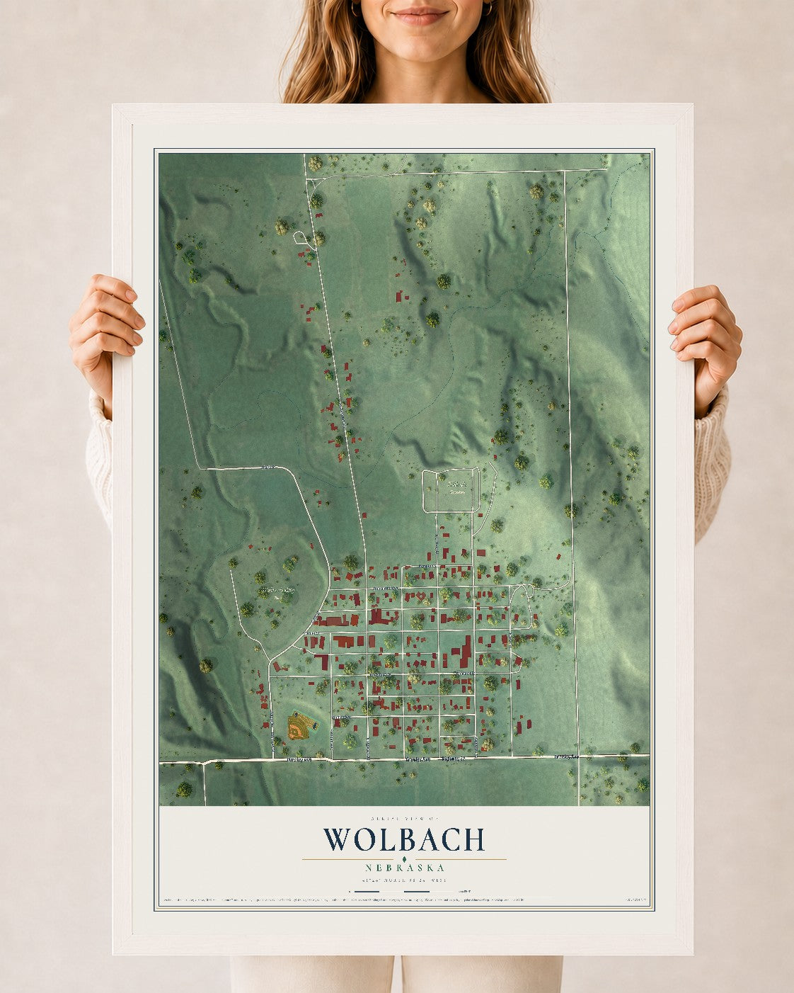 Map of Wolbach, Nebraska, 24 x 36 inch print in a white wood frame